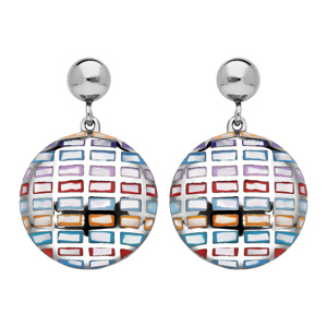 Boucles d\'oreille pendantes en acier Stella Mia ronde motif rectangles multi-couleur et nacre et fermoir poussette - Vue 1