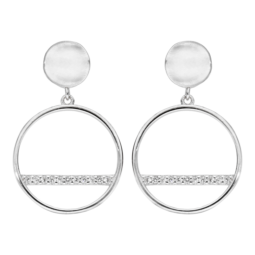 Boucles d\'oreille pendantes en argent rhodi� anneau et oxydes blancs et fermoir poussette - Vue 1