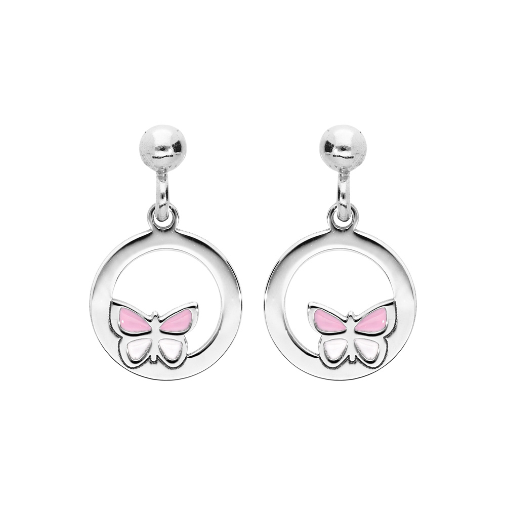 Boucles d\'oreille pendantes en argent rhodi� anneau suspendu avec papillon rose et fermoir poussette - Vue 1