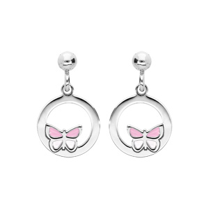 Boucles d\'oreille pendantes en argent rhodi anneau suspendu avec papillon rose et fermoir poussette - Vue 1