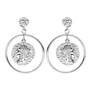 Boucles d\'oreille pendantes en argent rhodi anneau suspendu avec pastille desse grecque finition antique et fermoir poussette - Vue 1