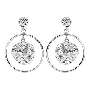 Boucles d\'oreille pendantes en argent rhodi anneau suspendu avec pastille monnaie grecque finition antique et fermoir poussette - Vue 1