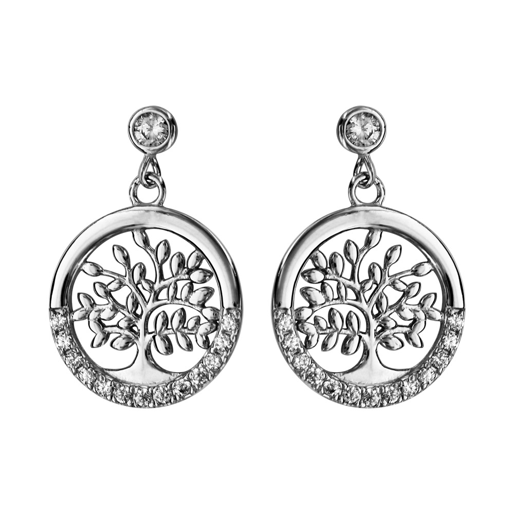 Boucles d\'oreille pendantes en argent rhodi� arbre de vie suspendu et oxydes blancs et fermoir poussette - Vue 1