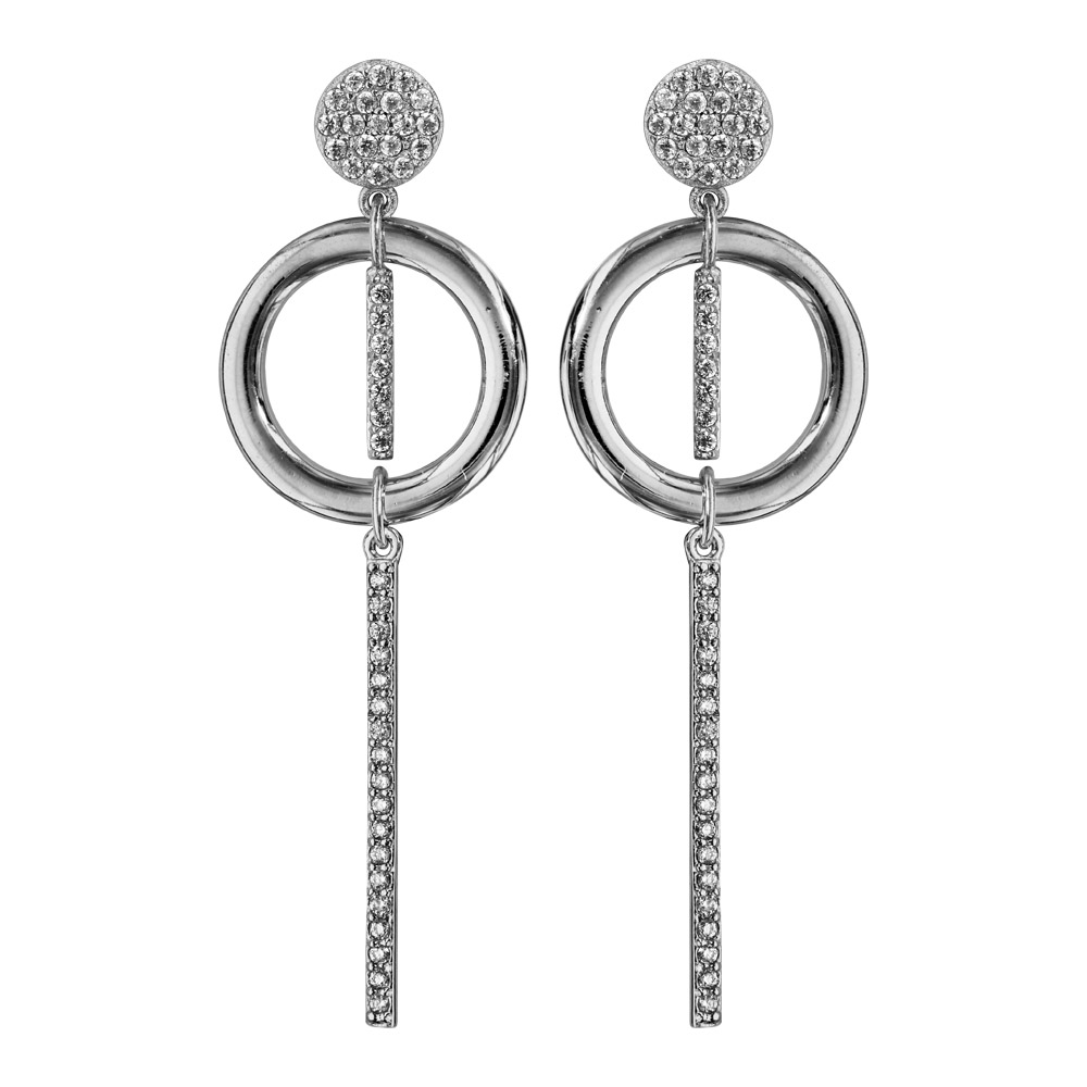 Boucles d\'oreille pendantes en argent rhodi� avec 1 anneau et baguettes orn�es d\'oxydes blancs fermoir poussette - Vue 1