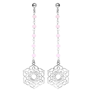 Boucles d\'oreille pendantes en argent rhodié avec fleur de vie ajourée et pierres facettées rose et fermoir poussette - Vue 1
