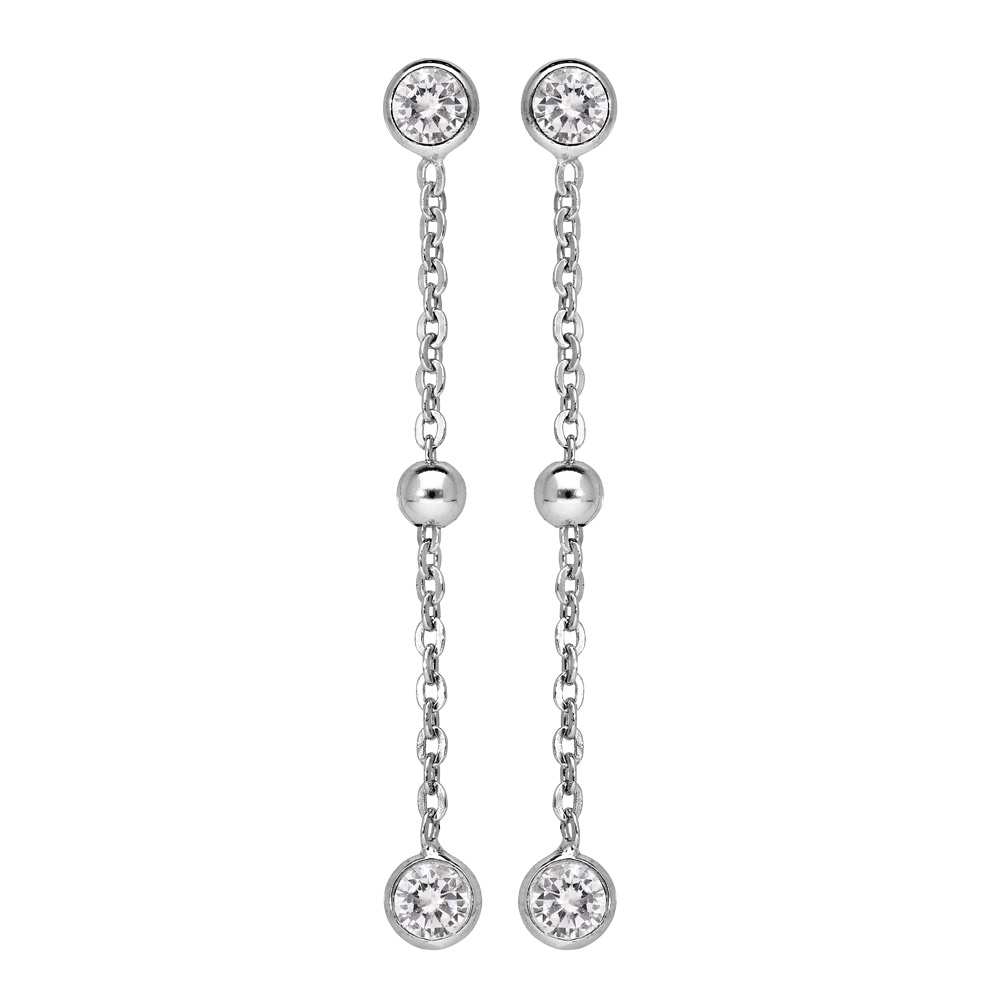 Boucles d\'oreille pendantes en argent rhodi� avec oxydes blancs et boule lisse et fermoir poussette - Vue 1