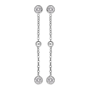 Boucles d\'oreille pendantes en argent rhodi avec oxydes blancs et boule lisse et fermoir poussette - Vue 1