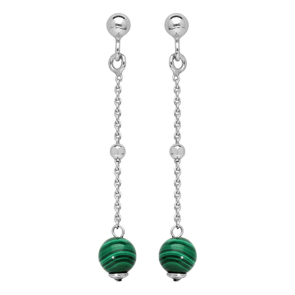 Boucles d\'oreille pendantes en argent rhodi� avec 1 perle en Malachite v�ritable et fermoir poussette - Vue 1