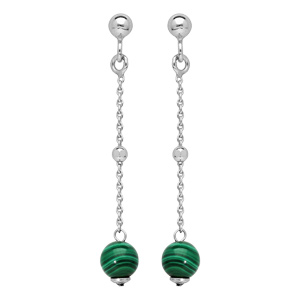 Boucles d\'oreille pendantes en argent rhodi avec 1 perle en Malachite vritable et fermoir poussette - Vue 1