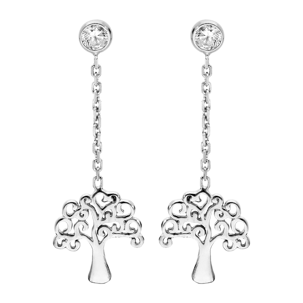 Boucles d\'oreille pendantes en argent rhodi� cha�nette avec arbre de vie et fermoir poussette - Vue 1