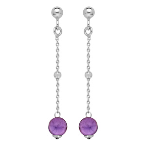 Boucles d\'oreille pendantes en argent rhodié chaînette avec boule Améthyste véritable et fermoir poussette - Vue 1