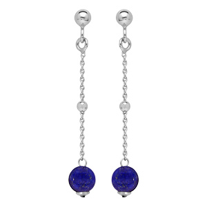 Boucles d\'oreille pendantes en argent rhodi chanette avec boule Lapis Lazuli vritable et fermoir poussette - Vue 1