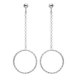 Boucles d\'oreille pendantes en argent rhodi chanette avec cercle diamant et fermoir poussette - Vue 1