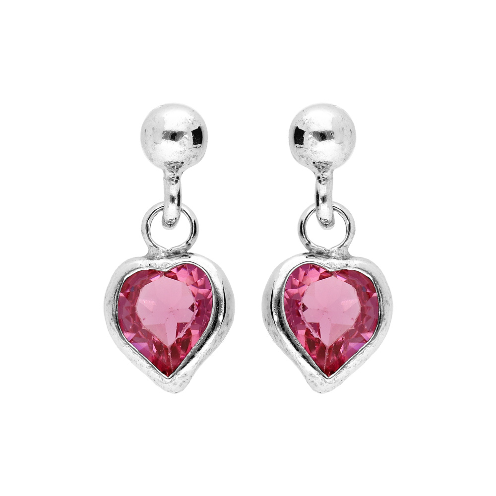 Boucles d\'oreille pendantes en argent rhodi� coeur empierr�s rose et fermoir poussette - Vue 1