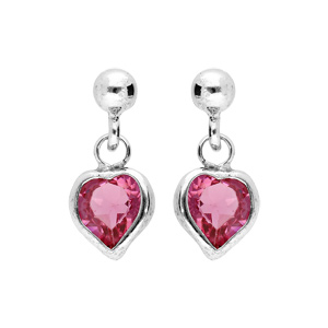 Boucles d\'oreille pendantes en argent rhodi coeur empierrs rose et fermoir poussette - Vue 1