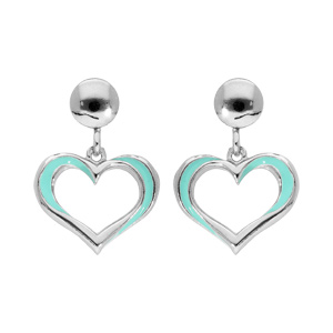 Boucles d\'oreille pendantes en argent rhodi coeur suspendu turquoise et fermoir poussette - Vue 1