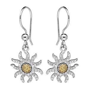 Boucles d\'oreille pendantes en argent rhodi crochhet fleur de soleil oxydes blancs et fermoir crochet - Vue 1