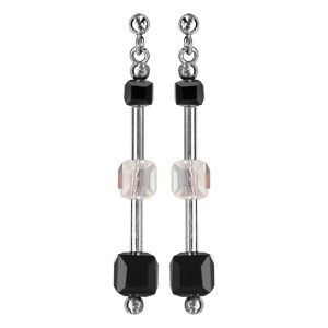 Boucles d\'oreille pendantes en argent rhodié cubes en chute verre transparent blanc et noir et fermoir poussette - Vue 1