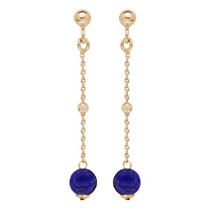 Boucles d\'oreille pendantes en argent rhodi et dorure jaune chanette avec boule Lapis Lazuline vritable et fermoir poussette - Vue 1