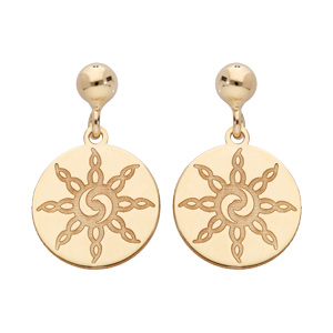 Boucles d\'oreille pendantes en argent rhodi et dorure jaune pastille motif soleil Inca et fermoir poussette - Vue 1