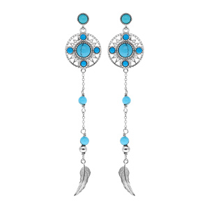 Boucles d\'oreille pendantes en argent rhodi ethnique avec turquoise de synthse et plume et fermoir poussette - Vue 1