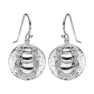 Boucles d\'oreille pendantes en argent rhodi ethnique ronde avec motif scarabe et fermoir crochet - Vue 1