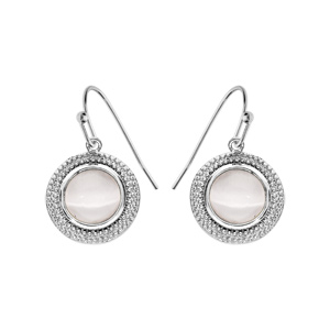 Boucles d\'oreille pendantes en argent rhodi ethnique ronde avec Nacre blanche vritable et fermoir crochet - Vue 1