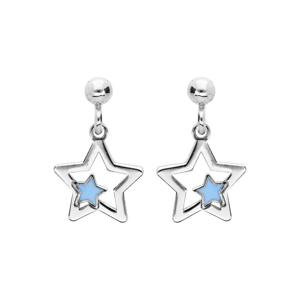 Boucles d\'oreille pendantes en argent rhodi toile suspendue avec toile bleue et fermoir poussette - Vue 1