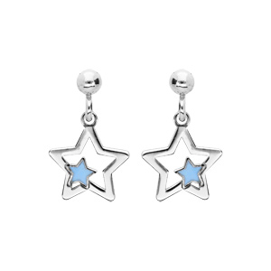 Boucles d\'oreille pendantes en argent rhodi toile suspendue avec toile bleue et fermoir poussette - Vue 1