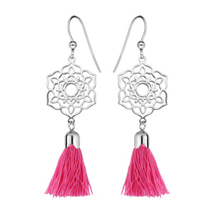 Boucles d\'oreille pendantes en argent rhodié fleur ajourée avec pompon rose et fermoir crochet - Vue 1