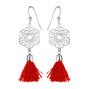 Boucles d\'oreille pendantes en argent rhodié fleur ajourée avec pompon rouge et fermoir crochet - Vue 1