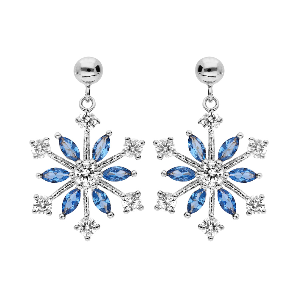 Boucles d\'oreille pendantes en argent rhodi� flocon avec oxydes blancs et navette bleue et fermoir poussette - Vue 1