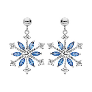 Boucles d\'oreille pendantes en argent rhodi flocon avec oxydes blancs et navette bleue et fermoir poussette - Vue 1