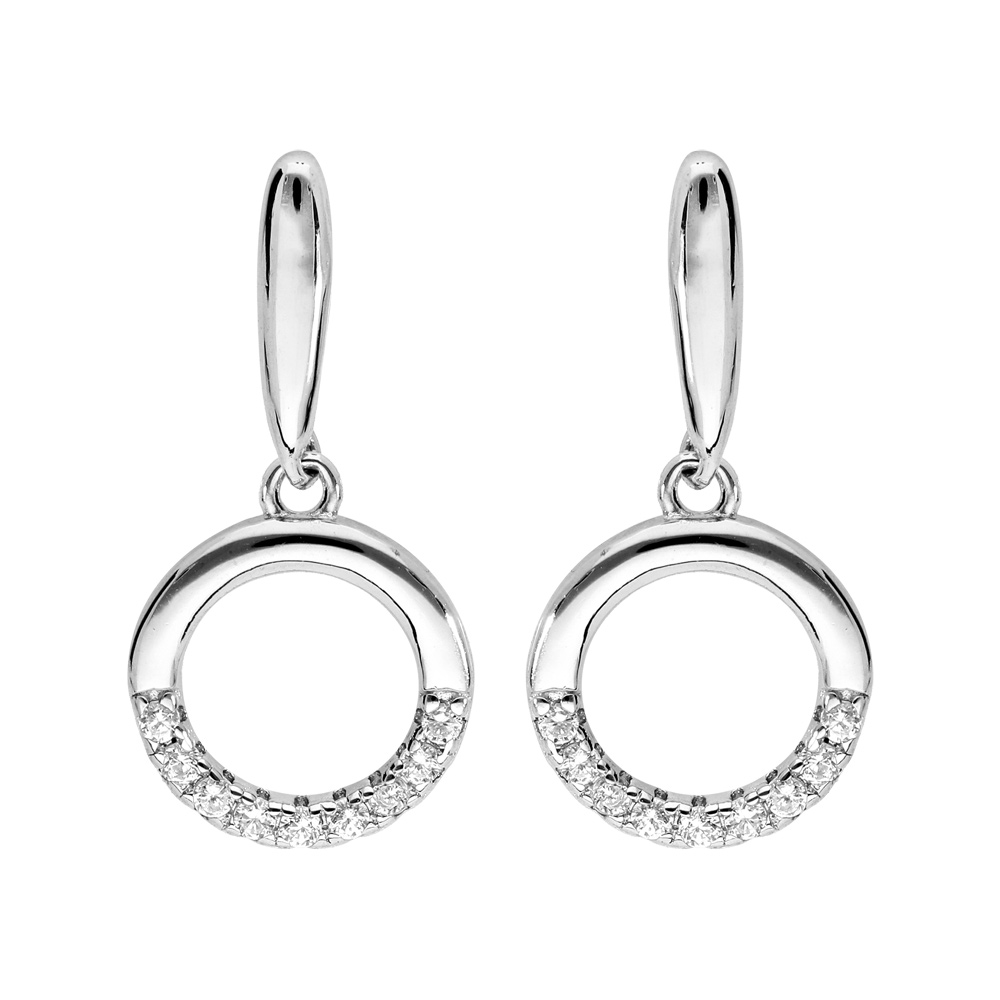 Boucles d\'oreille pendantes en argent rhodi� massif cercle avec oxydes blancs et fermoir poussette - Vue 1