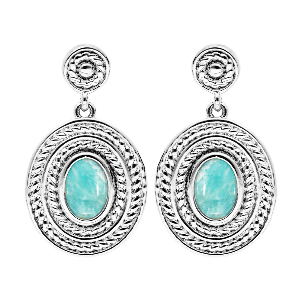 Boucles d\'oreille pendantes en argent rhodi ovale suspendu avec Amazonite vritable et  fermoir poussette - Vue 1