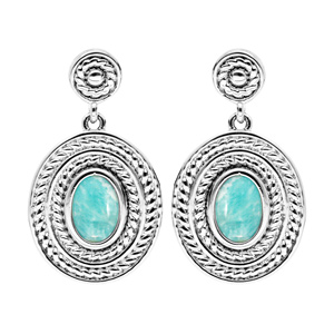 Boucles d\'oreille pendantes en argent rhodi ovale suspendu avec Amazonite vritable et  fermoir poussette - Vue 1