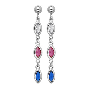 Boucles d\'oreille pendantes en argent rhodi 3 oxydes bleu rose blanc et fermoir poussette - Vue 1