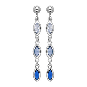 Boucles d\'oreille pendantes en argent rhodi 3 oxydes sertis degrade de bleu et blanc et fermoir poussette - Vue 1