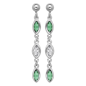 Boucles d\'oreille pendantes en argent rhodi 3 oxydes sertis vert et blanc et fermoir pousette - Vue 1