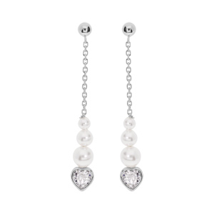 Boucles d\'oreille pendantes en argent rhodi perles blanches imitation et coeur oxydes blancs sertis et fermoir poussette - Vue 1