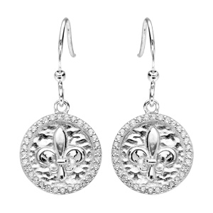 Boucles d\'oreille pendantes en argent rhodié rond suspendu avec fleur de lys et fermoir crochet - Vue 1