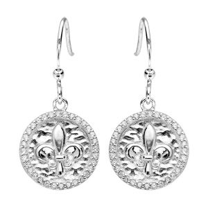 Boucles d\'oreille pendantes en argent rhodi rond suspendu avec fleur de lys et fermoir crochet - Vue 1