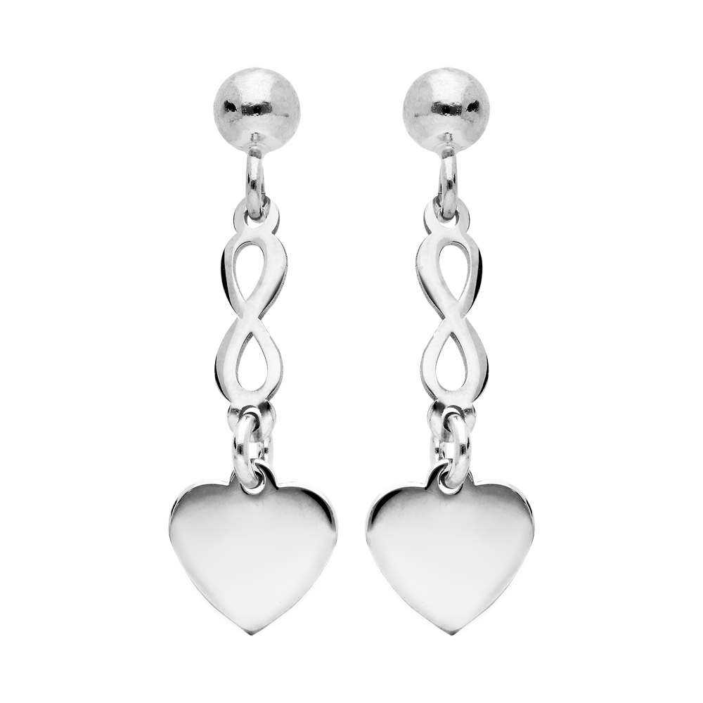 Boucles d\'oreille pendantes en argent rhodi symboles coeur et infini suspendus et fermoir poussette - Vue 1