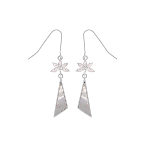 Boucles d\'oreille pendantes en argent rhodi triangle de Nacre vritable et oxyde blancs sertis et fermoir crochet - Vue 1