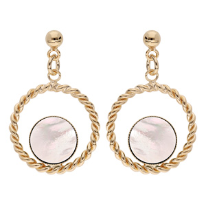 Boucles d\'oreille pendantes en plaqué or anneau torsadé suspendu avec pierre Nacre véritable et fermoir poussette - Vue 1