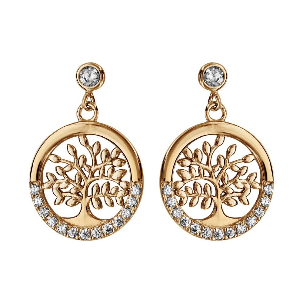 Boucles d\'oreille pendantes en plaqu or arbre de vie et demi-rail d\'oxydes blancs sertis et fermoir poussette - Vue 1