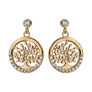 Boucles d\'oreille pendantes en plaqu or arbre de vie et demi-rail d\'oxydes blancs sertis et fermoir poussette - Vue 1