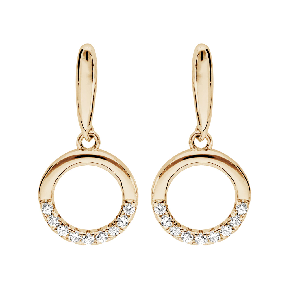 Boucles d\'oreille pendantes en plaqu� or avec cercle et oxydes blancs sertis suspendus et fermoir poussette - Vue 1