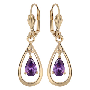 Boucles d\'oreille pendantes en plaqu or avec ovale et pierre violette et fermoir dormeuse - Vue 1