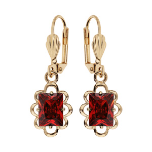 Boucles d\'oreille pendantes en plaqu or avec pierre carre rouge serti et fermoir dormeuse - Vue 1